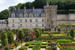 Gardens and Chateau de Villandry in Loire Valley in France